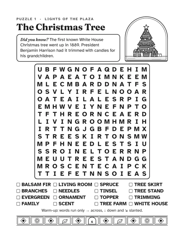 Sample page: Puzzle 1, The Christmas Tree, with a decorated tree drawing, a fun fact and a large print letter grid.